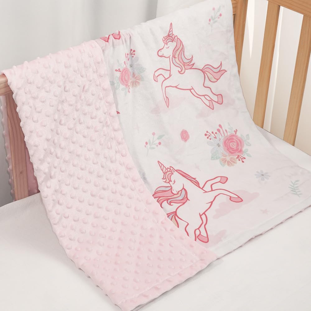 SANDJEST Unicorn Kid Blankets for Girls 30 x 40 - Throw Minky Blanket with Double Layer Dotted Backing - Gifts for Birthday