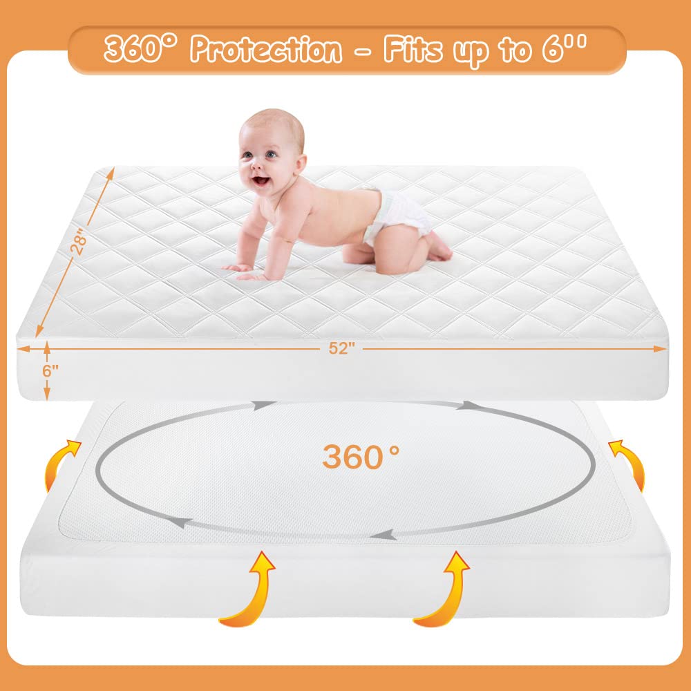 Yoofoss Waterproof Crib Mattress Protector, Quilted Crib Mattress Pad Cover Ultra Soft and Breathable, Machine Washable Toddler Mattress Protector for Standard Baby Crib Size 52''x28''
