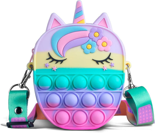 Pop Bag it, Fidget Bag, Pop Purse for Girl and Women Pop Bag with Unicorn Pop Toy, Anti Stress Silicone Poppet Bag Fidget Shoulder Bag, Best Gifts