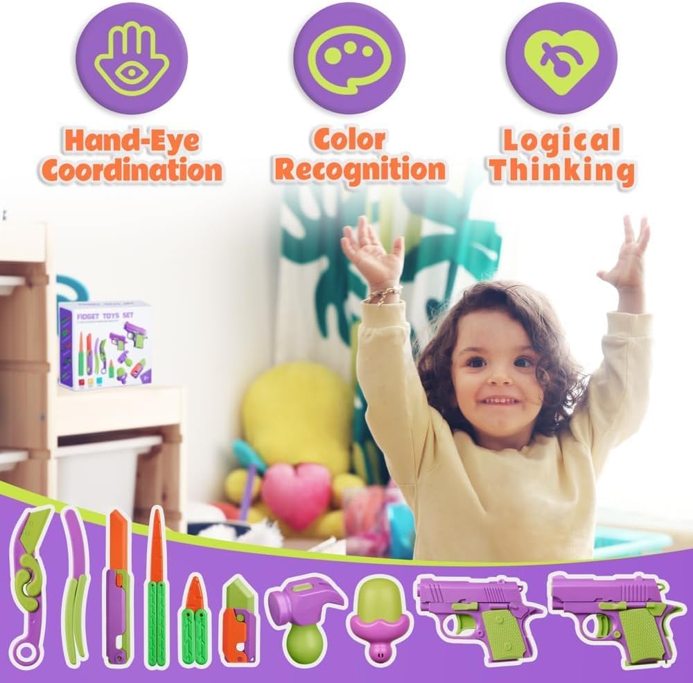 10 PCS Fidget Toy Set, with Fidget Gun and Fidget Knife,Fun Fidget Toys for Adults and Kids,Sensory Toys for Kids with Autism, ADHD, Anxiety Relief (10 Pcs Purple Set)