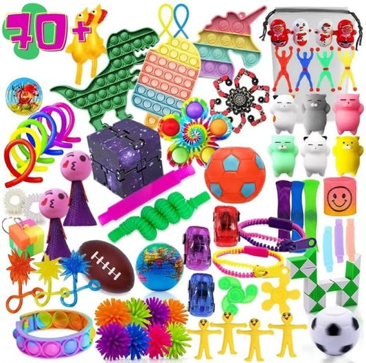 Fidget Toys Box (Set of 72), Perfect sensory toys for kids 5-7 including fidget spinner and fidget ring, durable Autism sensory toys and Summer fidget pack, fidget toys for teens, Figette Toys Pack
