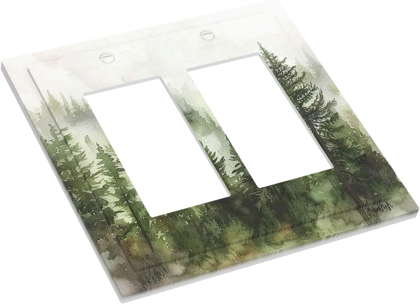 Decorative Outlet Covers Green Forest Watercolor Painting Foggy Pine 2 Gang Double GFCI Rocker Electrical Wall Panels Light Switch Cover Plate for Bedroom living Room Decor