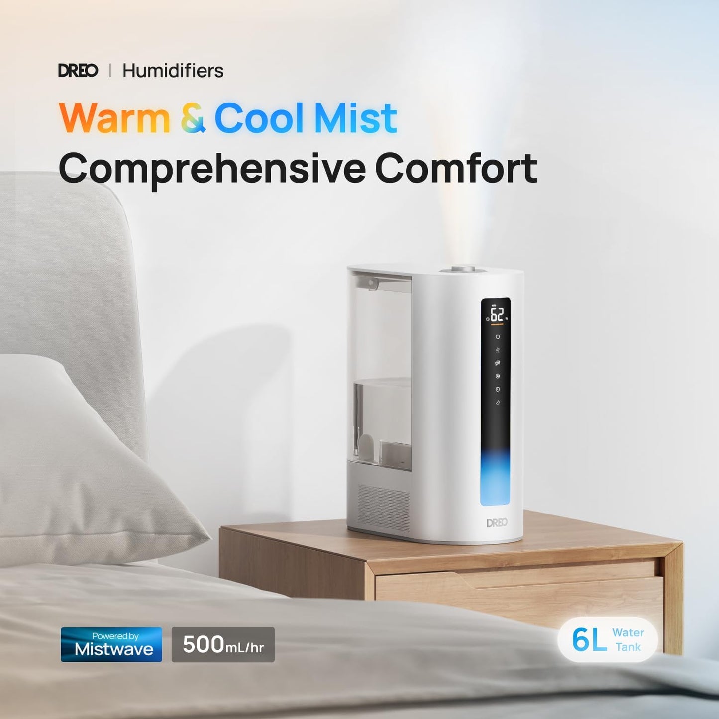 Dreo 6L Humidifier Large Room, Warm & Cool Mist Humidifiers for Bedroom, 60H Runtime, 12H Timer, Top Fill, Humidity Indicator Light, Baby, Plants, Easy Clean, HM713