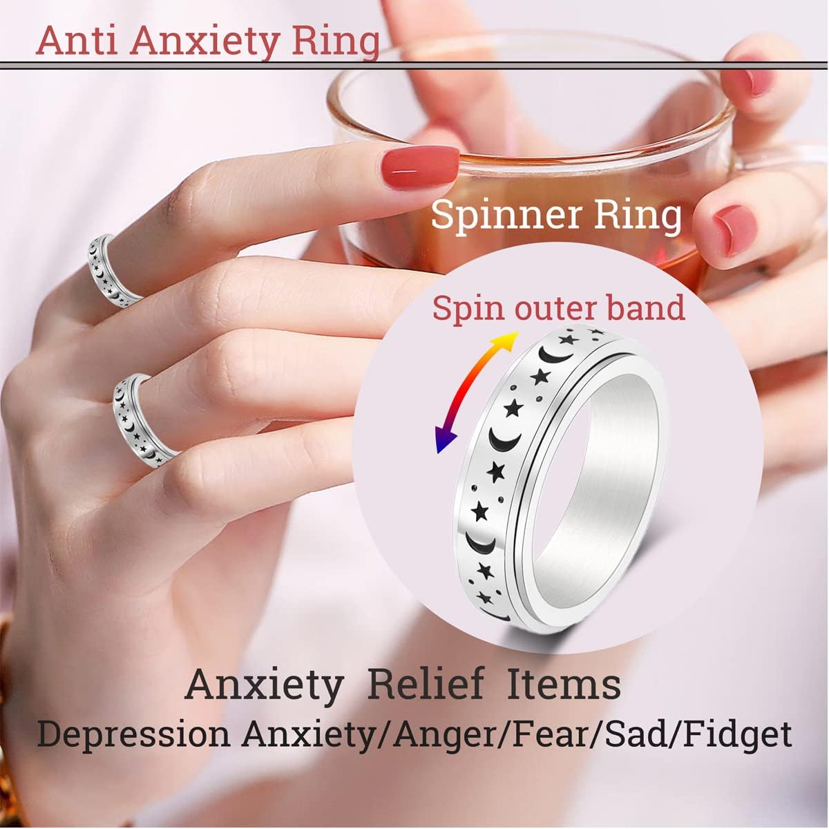 Anxiety Ring for Women Men, Titanium Stainless Steel Spinner Ring, 5 Colors, 6MM, Size 6-10, 3 Styles Anxiety Ring-Moon Star, Sandblasted Finished, Hollow Outer