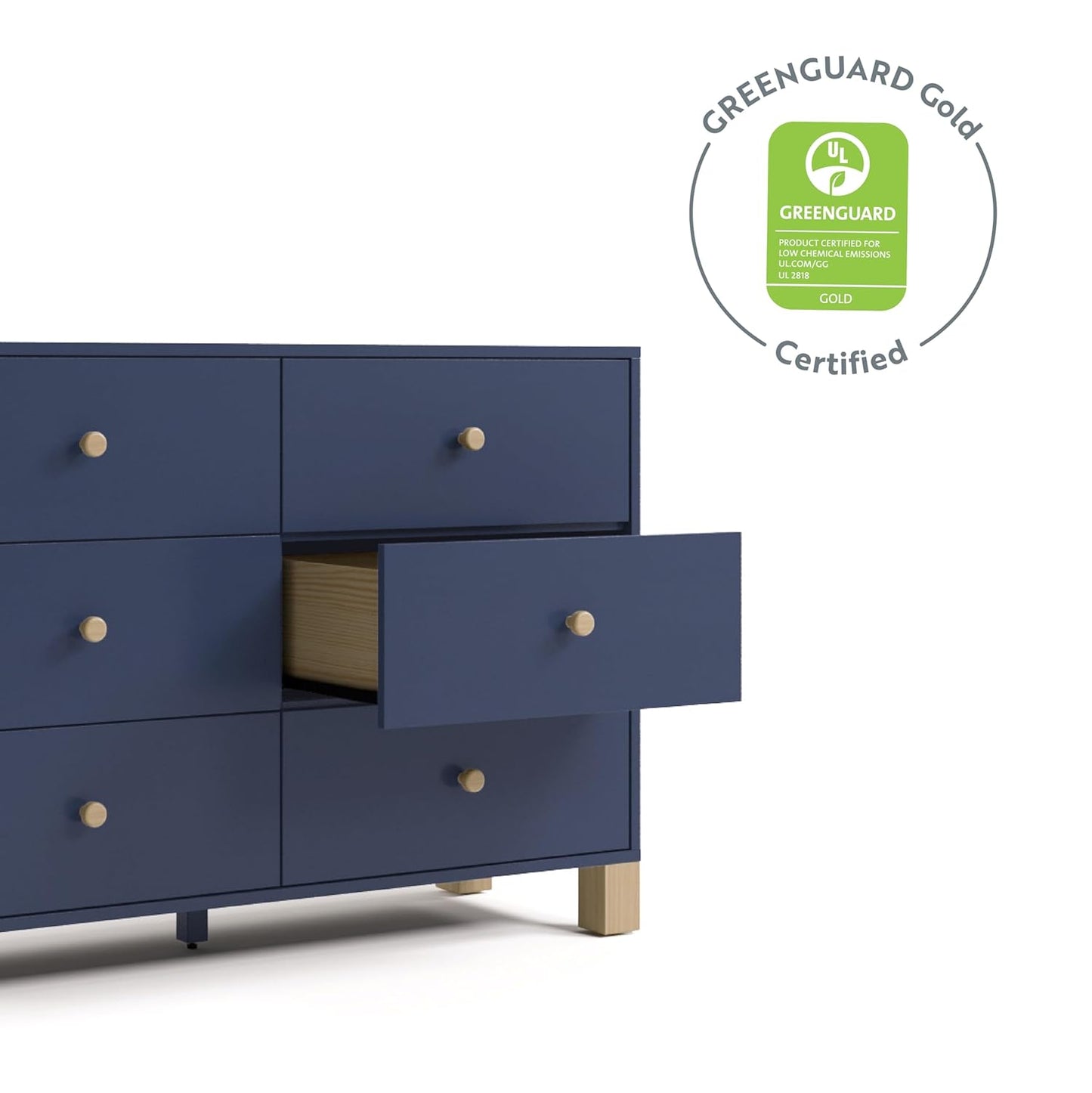 Storkcraft California 6 Drawer Double Dresser (Midnight Blue with Driftwood) – GREENGUARD Gold Certified, Spacious Storage Organizer for Kids’ Room, Safety Interlocking Drawer System