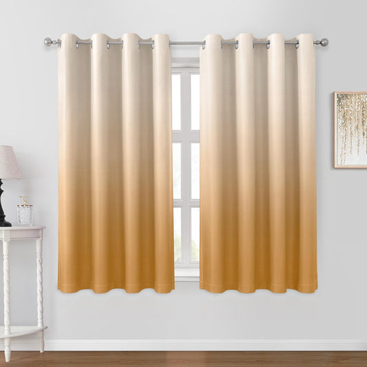 HOMEIDEAS Gold Ombre Blackout Curtains 52 X 63 Inch Length Gradient Room Darkening Thermal Insulated Energy Saving Grommet 2 Panels Window Drapes for Living Room, Bedroom