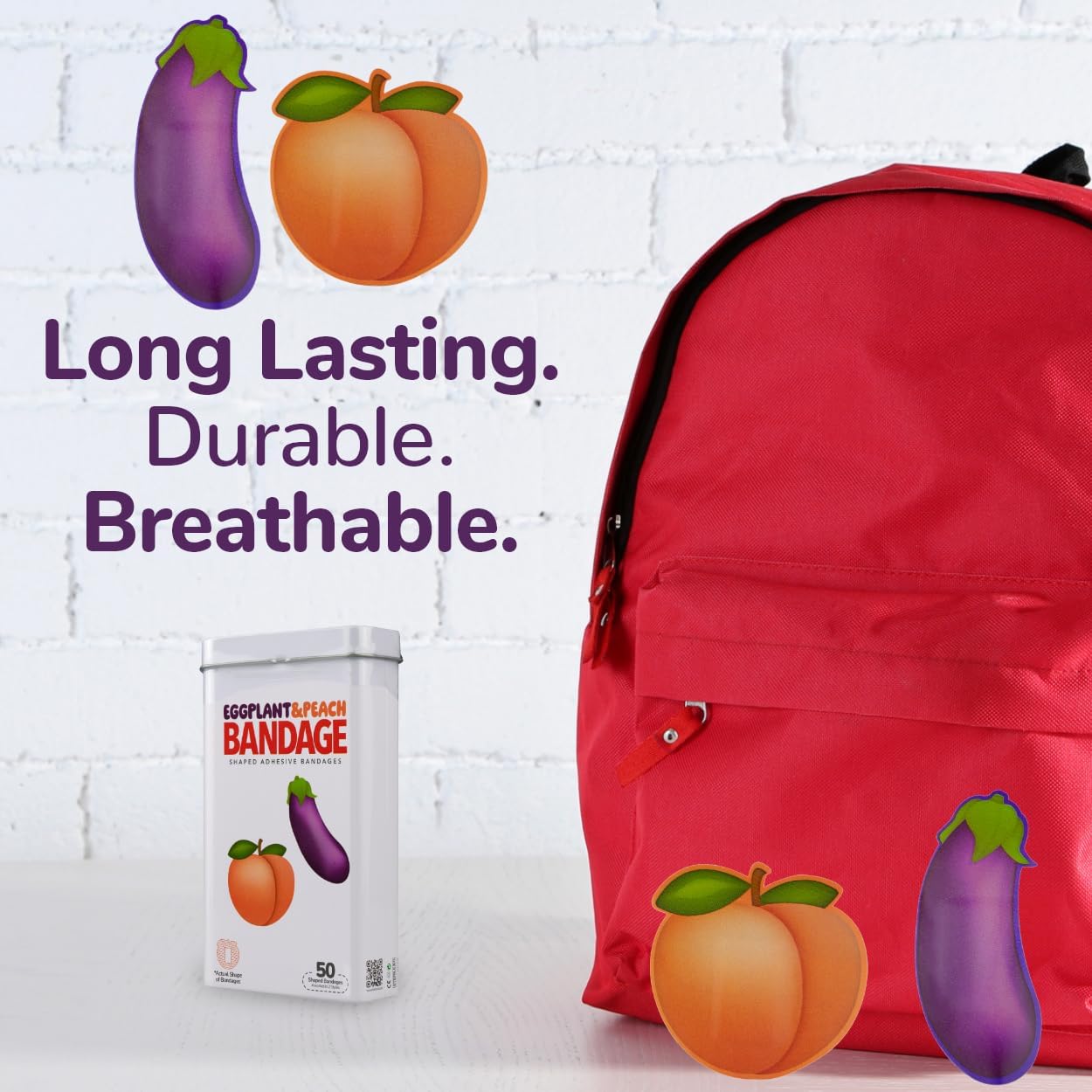 BioSwiss Bandages, Eggplant and Peach Shaped Adult Self Adhesive Bandage, Latex Free Sterile Wound Care, Funny First Aid Kit Supplies for Adults, 50 Count