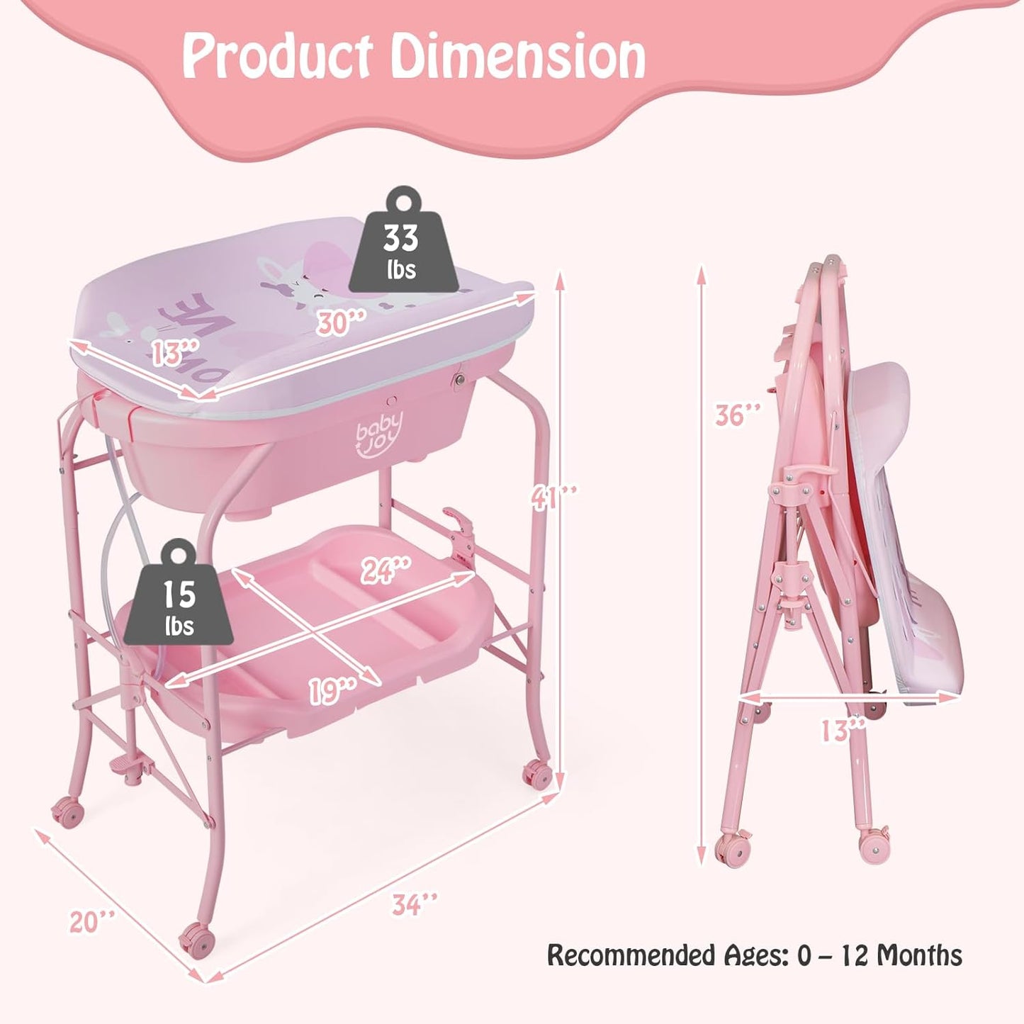 BABY JOY Baby Bathtub with Changing Table, Foldable Infant Diaper Changing Station with Storage Tray, Waterproof Pad, Portable Newborn Nursery Organizer Bath Stand with 4 Universal Wheels (Pink)