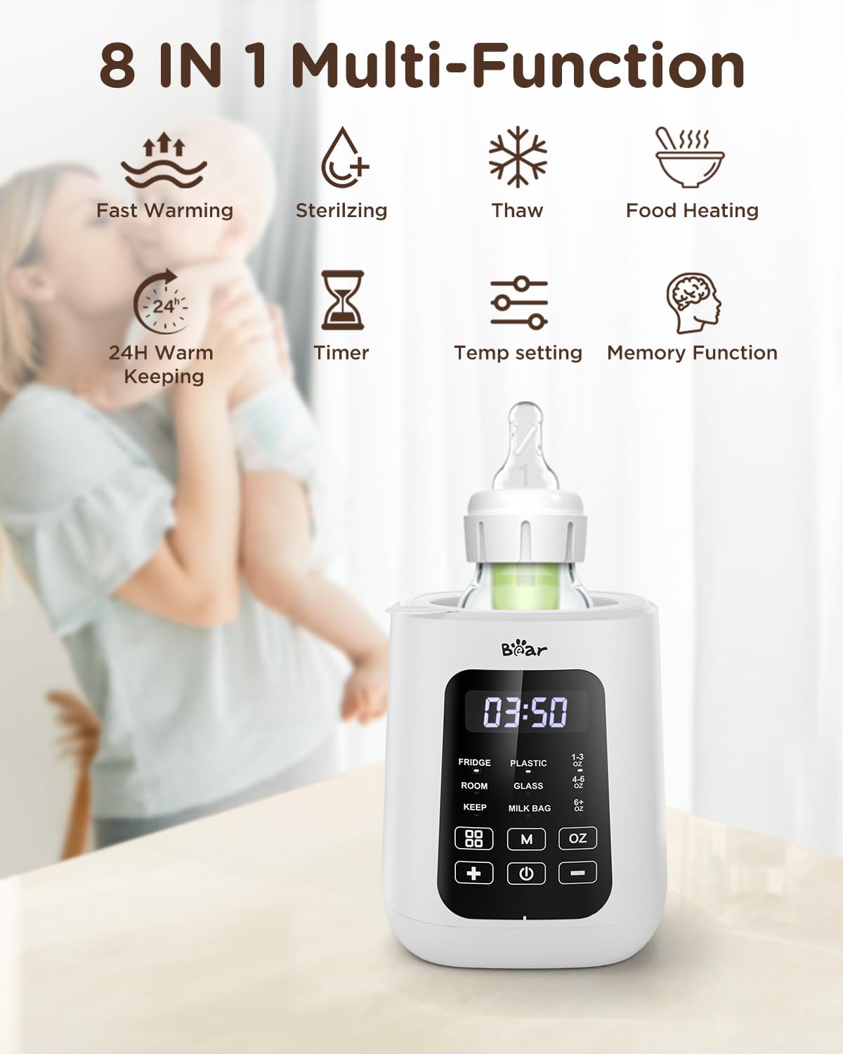Bear Baby Bottle Warmer, Milk Warmer Breastmilk Bag Formula Fast Warming for New Born Baby Bottles, with Time Temp Control Automatic Shut Off at Home Use