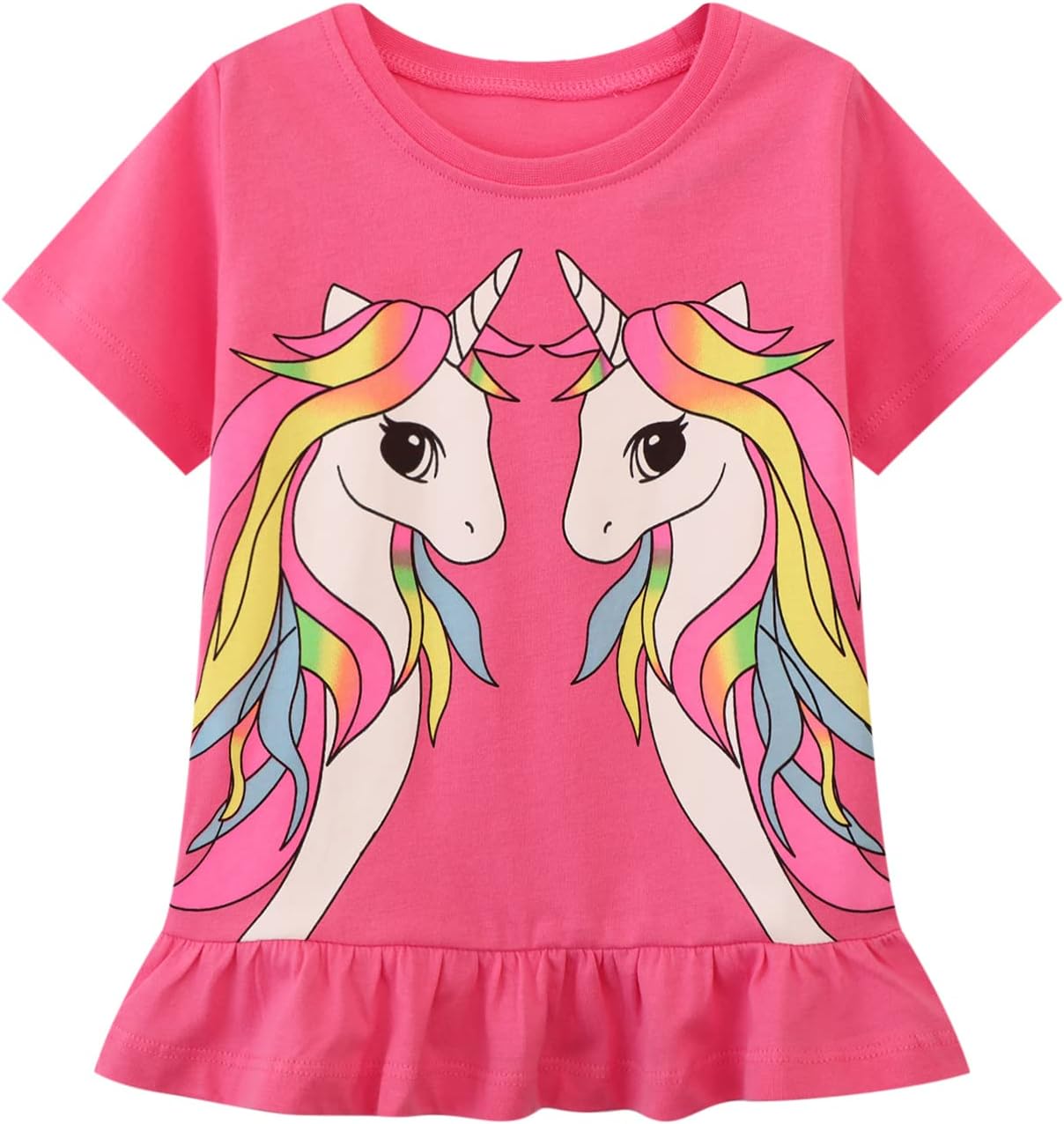 HILEELANG Girls' Tees Ruffle Short Sleeve T-Shirt Cotton Casual Graphic Summer Crewneck Tunic Tops