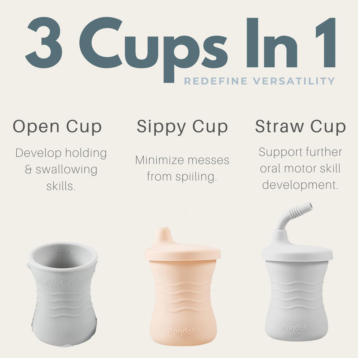 PandaEar Silicone Training Cup, 3 Pack Baby Drinking Sippy Cups with Straw for Baby and Toddler 6 Months+ (Brown/Pink/Gray)