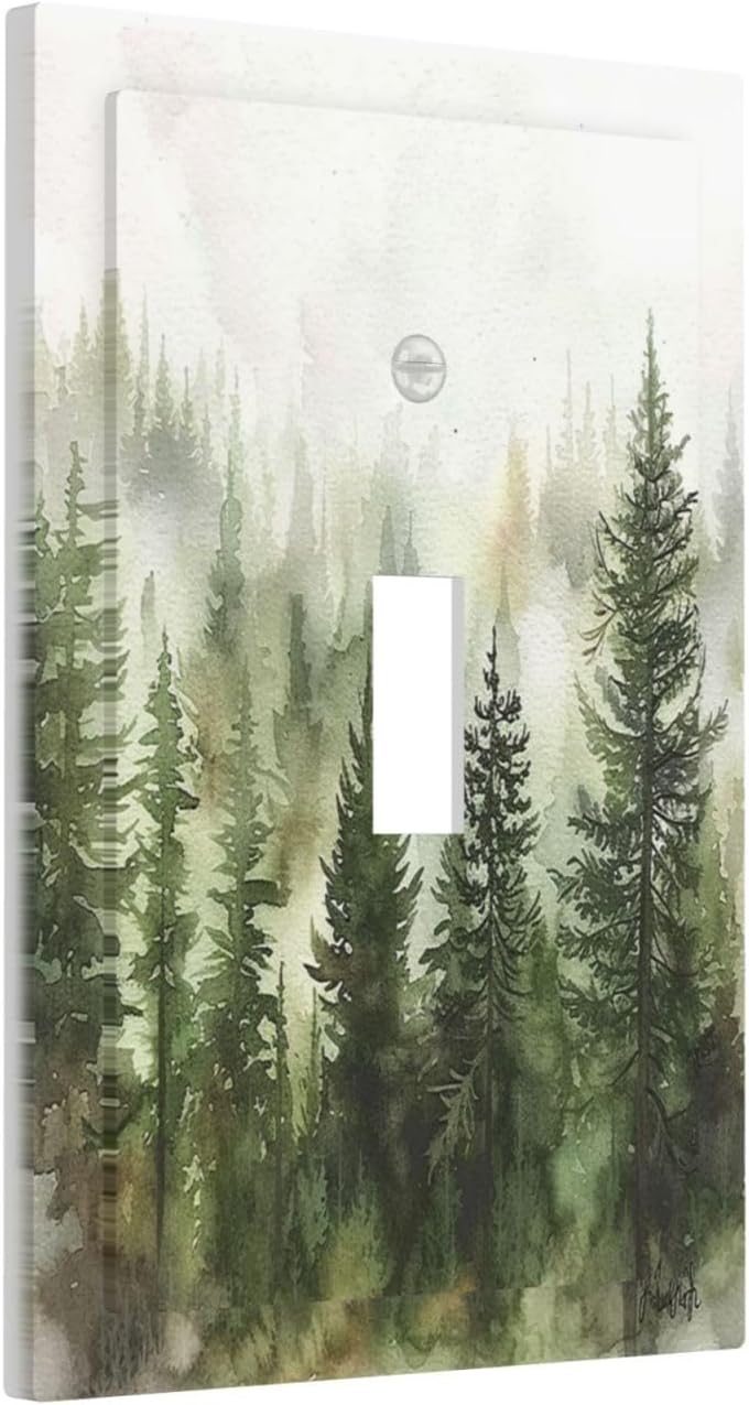 Decorative Light Switch Cover Green Forest Watercolor Painting Foggy Pine 1 Gang Single Toggle Device Electrical Faceplate Switchplates Decorator Outlet Wall Plate for Bedroom living Room
