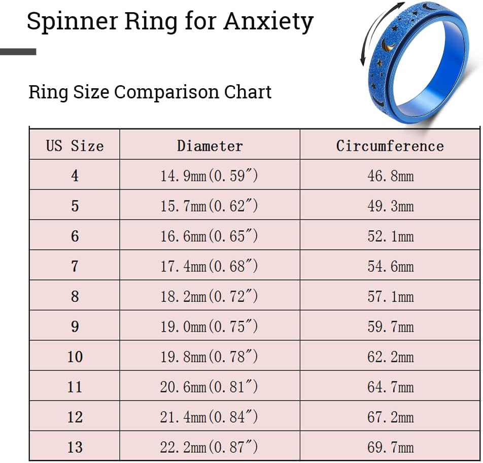 OreilleStar Anxiety Ring for Women Spinner Ring Fidget Toys Adults Stainless Steel Fidget Ring Spinner Rings for Anxiety Fidget Ring for Women Anxiety Fidget Ring Men Moon Star Blue 6
