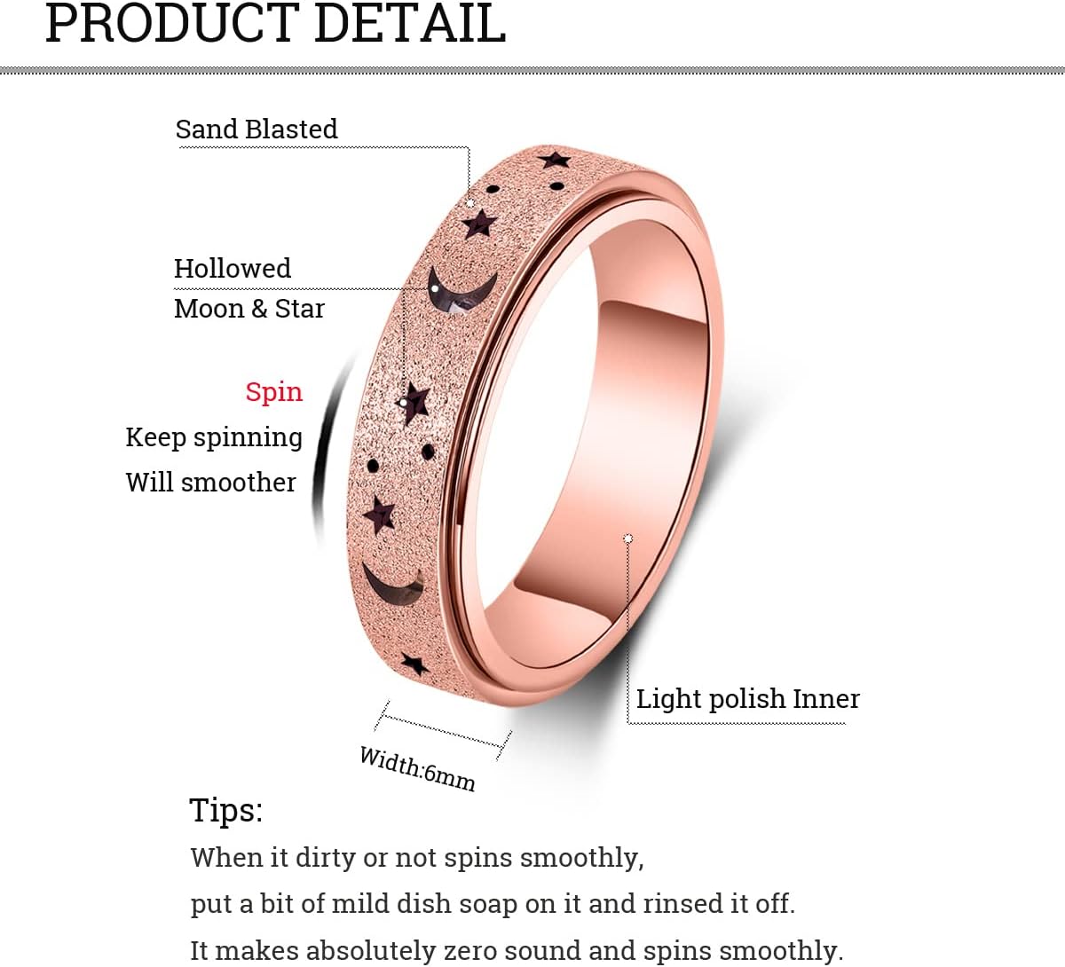 Anxiety Ring for Women Men, Titanium Stainless Steel Spinner Ring, 5 Colors, 6MM, Size 6-10, 3 Styles Anxiety Ring-Moon Star, Sandblasted Finished, Hollow Outer