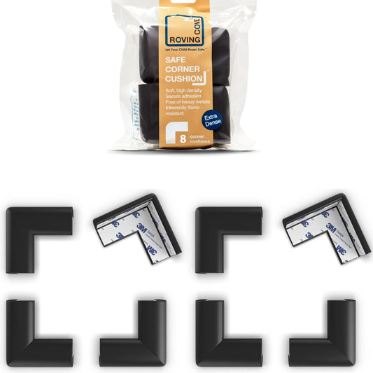 Roving Cove Slim-Fit Corner Protector for Baby Proofing (8 Small Corners), Soft Rubber Foam Furniture Corner Bumper Guards, 3M Adhesive Pre-Taped, Onyx Black
