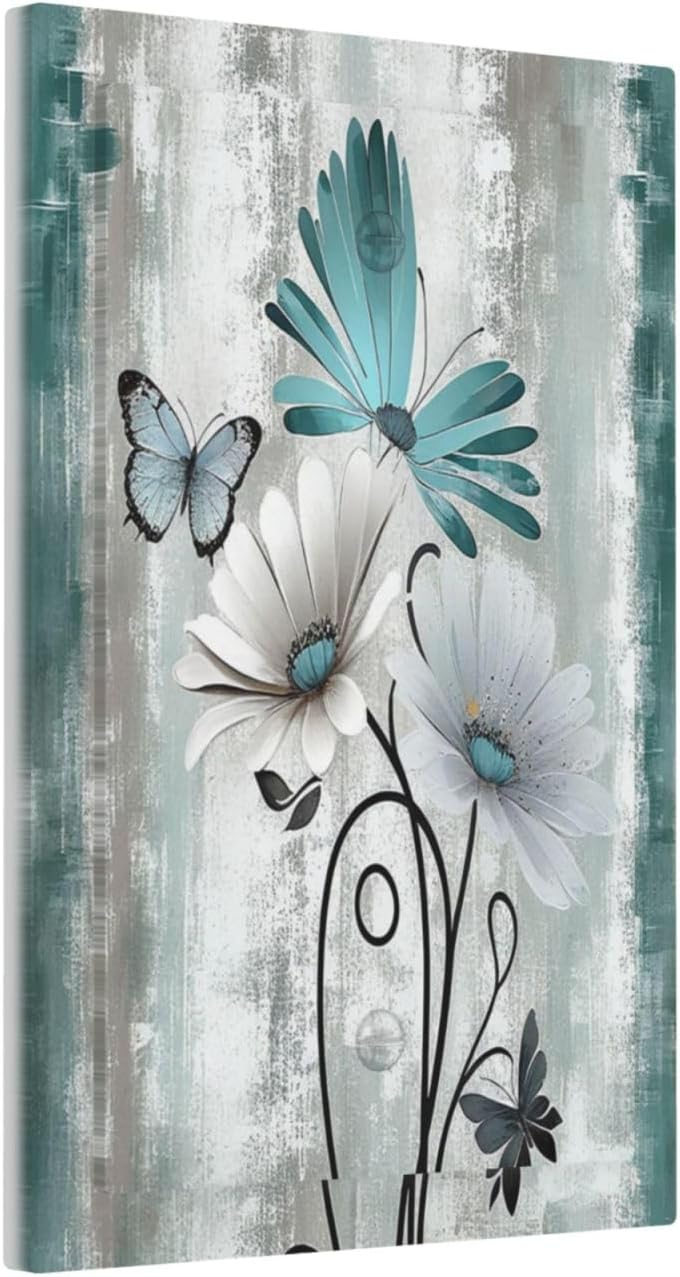 Light Switch Cover Plate Rustic Teal Daisy Floral Flowers Butterfly Wood Grain 1 Gang No Device Blank Electrical Wall Plates Faceplate Decorative Switch Plate for Bathroom Bedroom Decor