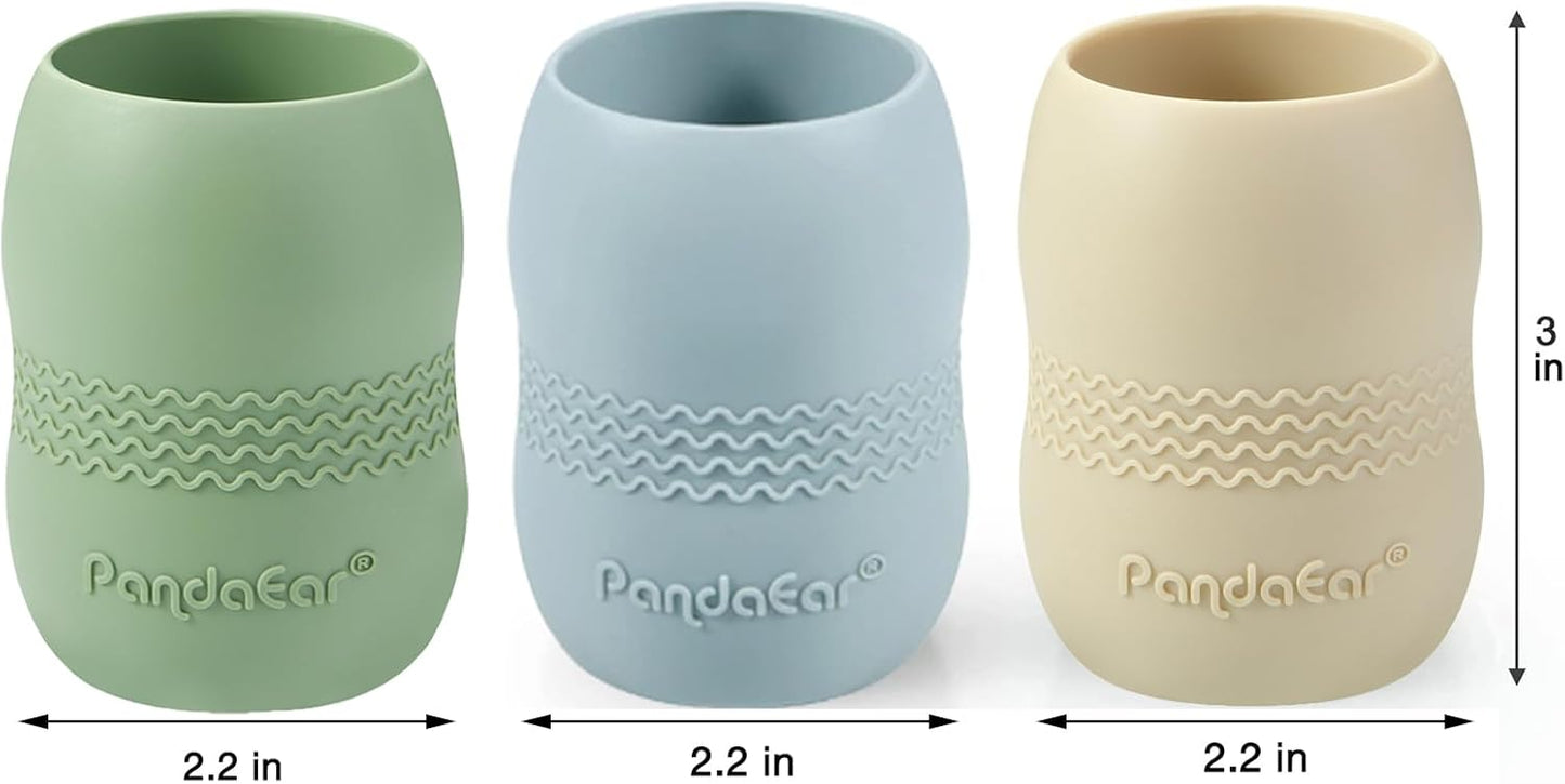 PandaEar 3 Pack 100% Tiny Silicone Drinking Training Cup for Baby and Toddler, Tiny Open Cups for Infants (Blue/Green/Tan)