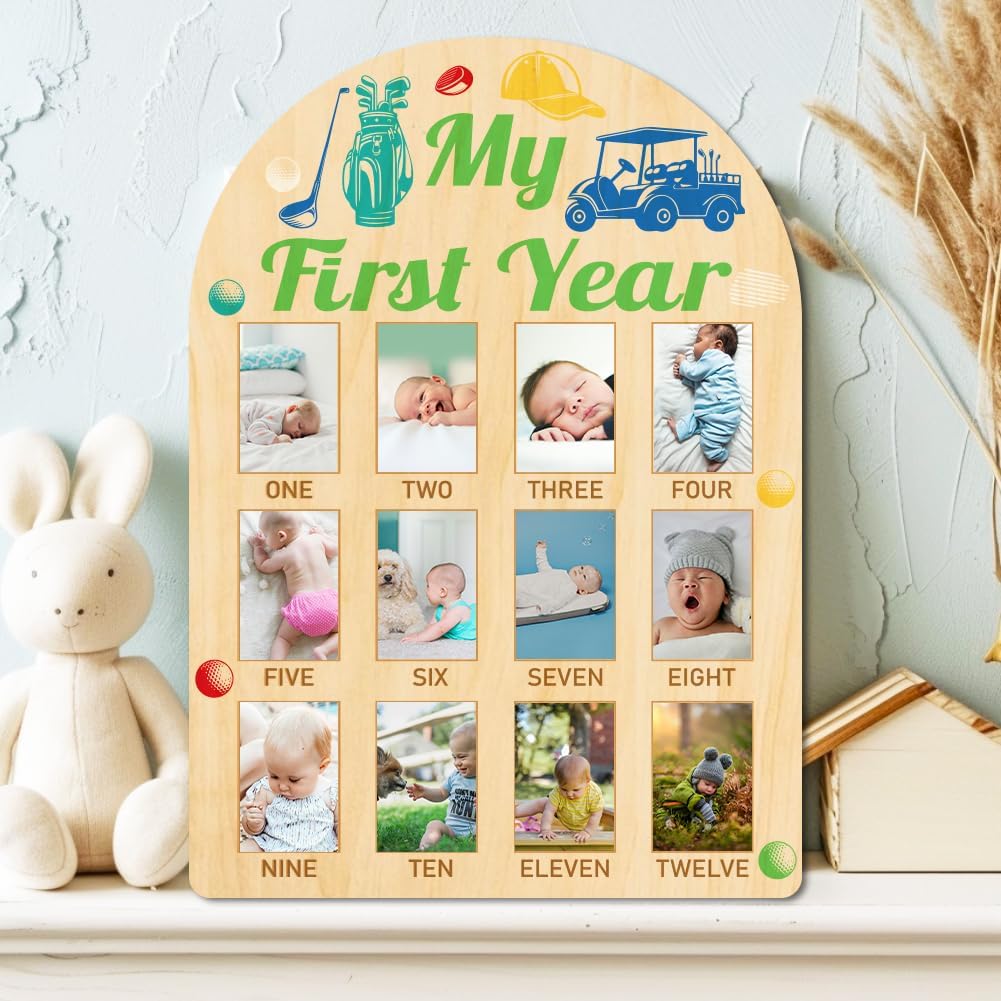 ORIGACH My First Year Baby Growth Photo Display Wood Board - 12 Months Newborn Milestones Photo Board - Neutral Baby Keepsake Frame 1st Birthday Party Nursery Decor New Mom Gift - Golf Element
