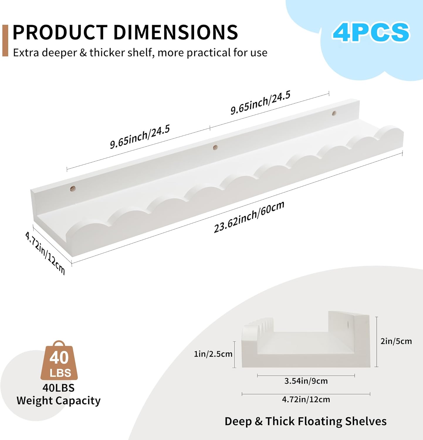 Scalloped Baby Book Shelf,Floating Shelves for Wall Set of 4 Solid Pine Wood Nursery Bookshelves with Wave Lip for Bedroom Kids, Toddler Room, Baby Room, Nursery Decor(White,60cm)