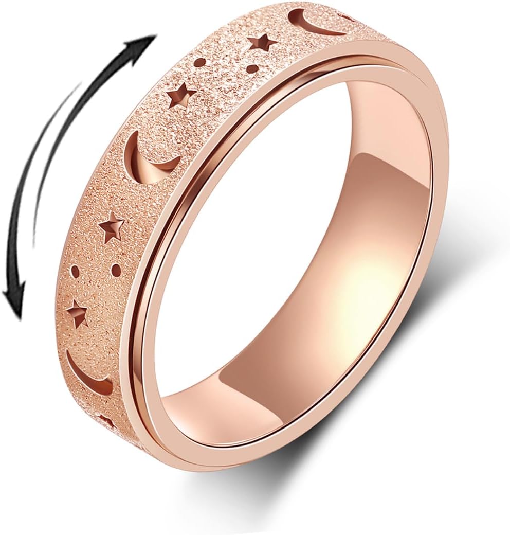 Anxiety Ring for Women Men, Titanium Stainless Steel Spinner Ring, 5 Colors, 6MM, Size 6-10, 3 Styles Anxiety Ring-Moon Star, Sandblasted Finished, Hollow Outer