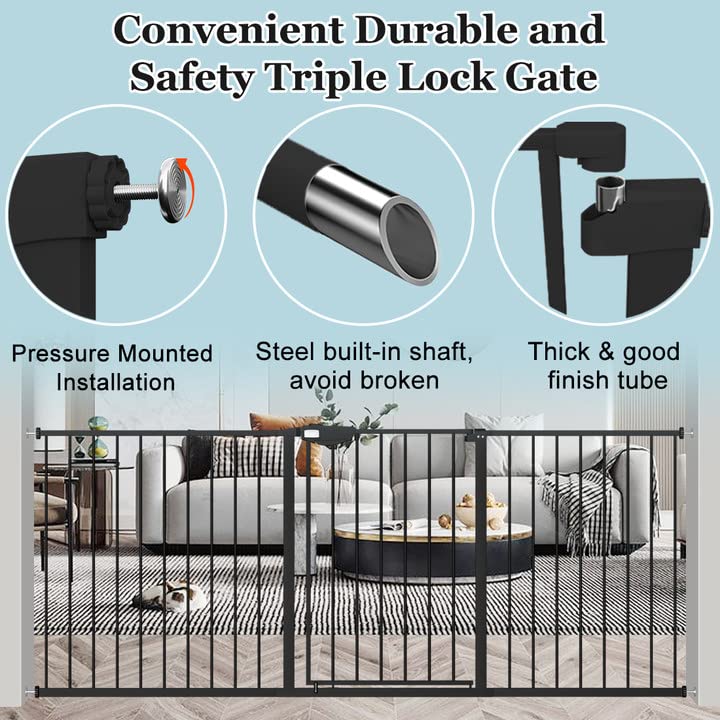 WAOWAO Triple Lock Baby Gate Extra Wide 39.76-43.7" Pressure Mounted Walk Through Swing Auto Close Safety Black Metal Dog Pet Puppy for Stairs,Doorways,Kitchen