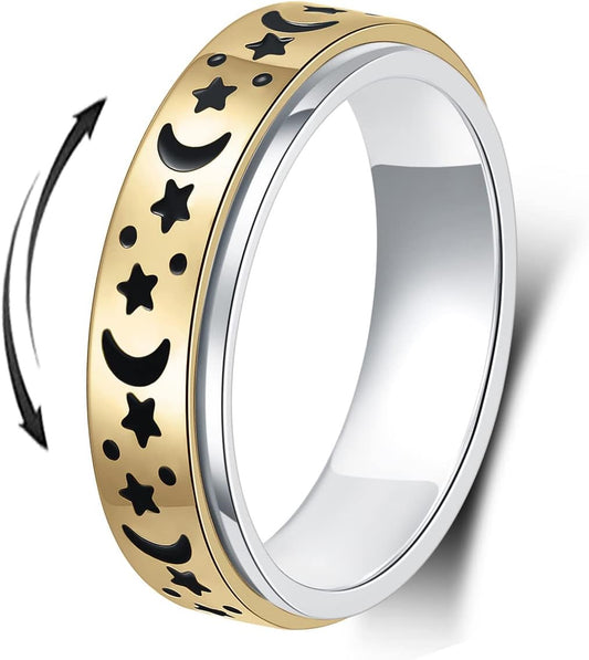Anxiety Ring for Women Men, Titanium Stainless Steel Spinner Ring, 5 Colors, 6MM, Size 6-10, 3 Styles Anxiety Ring-Moon Star, Sandblasted Finished, Hollow Outer