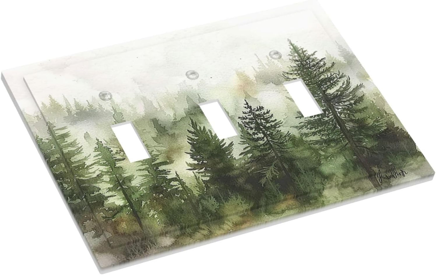 Decorative Switch Plates Green Forest Watercolor Painting Foggy Pine 3 Gang Wall Plate Triple Toggle Light Switch Cover Faceplate Electrical Wall Panels for Bedroom living Room Decor