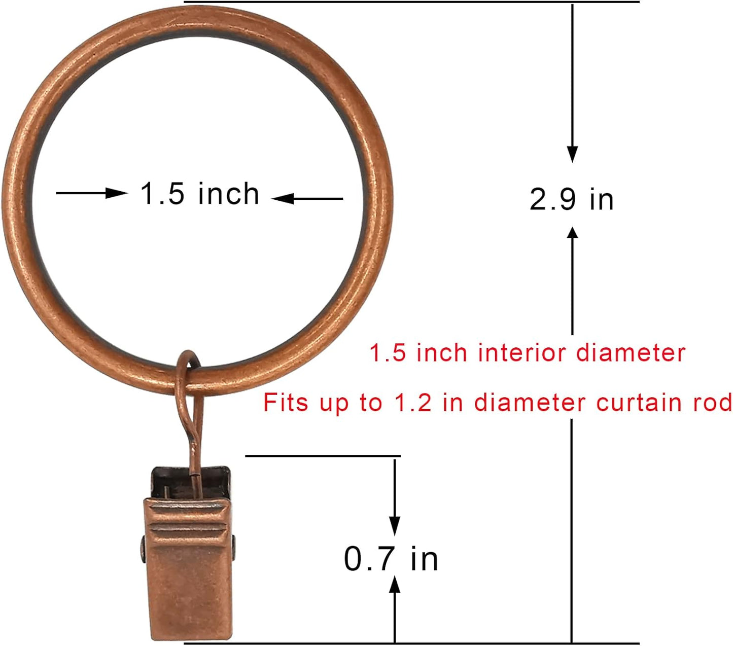 100 Pack Antique Copper Curtain Rings with Clips, Curtain Hooks Hangers Clip Rings for Hanging Drapes Bows Hat, Drapery Rings 1.5 in I D, Fits up to 1.2 in Diameter Curtain Rod.