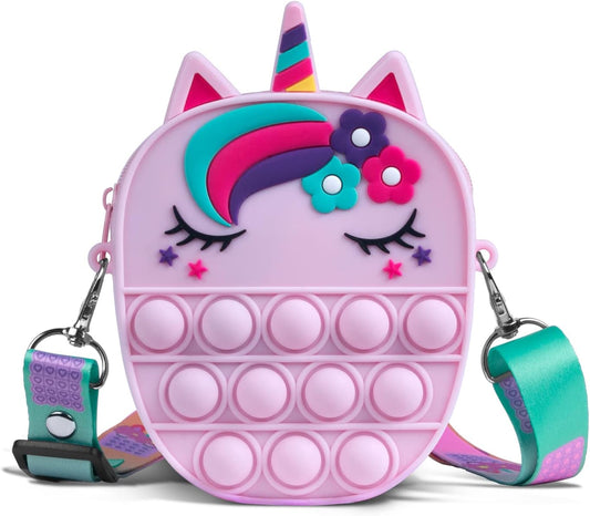 Pop Bag it, Fidget Bag, Pop Purse for Girl and Women Pop Bag with Unicorn Pop Toy, Anti Stress Silicone Poppet Bag Fidget Shoulder Bag, Best Gifts
