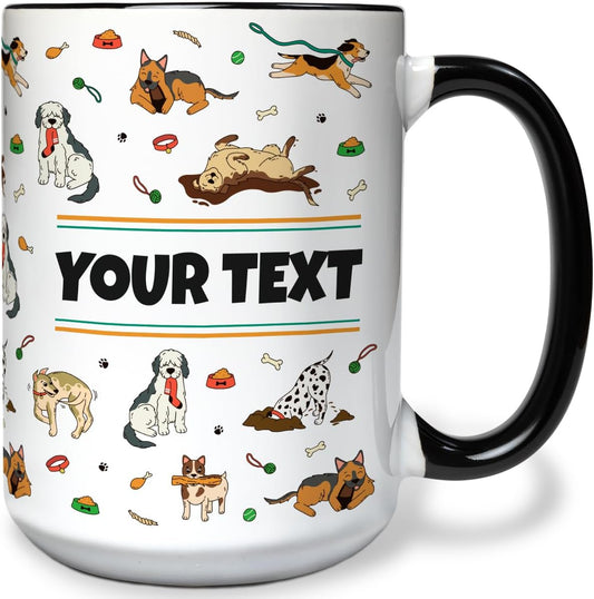 Personalized Mug for Kids - Dogs - Custom Name/Text, Ceramic Hot Chocolate/Cocoa/Coffee Cup for Boys/Girls, Birthday/Christmas/Holiday Gift - 15 oz, Black Handle