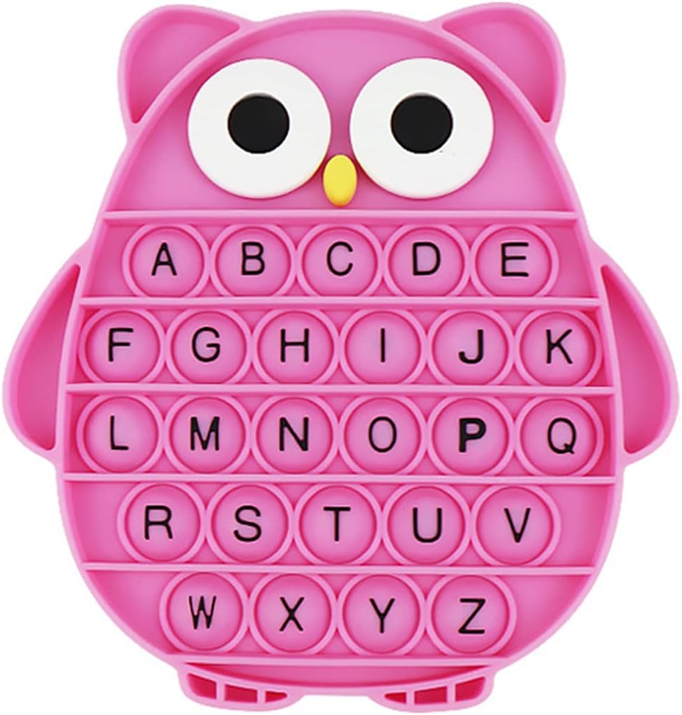 Push Pop Bubble Fidget Sensory Toy, Silicone Stress Relief Popping Toy, ABC Alphabet Owl Shaped Educational Learning Tools for Toddlers Kids Students (Black Letters-Rose)