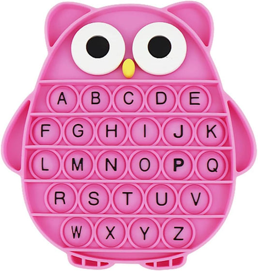 Push Pop Bubble Fidget Sensory Toy, Silicone Stress Relief Popping Toy, ABC Alphabet Owl Shaped Educational Learning Tools for Toddlers Kids Students (Black Letters-Rose)