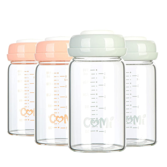 COMI Wide Neck Glass Breastmilk Collection n Storage Bottle, 4 Packs, 6oz with Screw Ring Sealing Disk; Re-markable Sealing Disc. BPA Free, Fits Breast Pumps & Nipples (2 Gray Lids + 2 Pink Lids)
