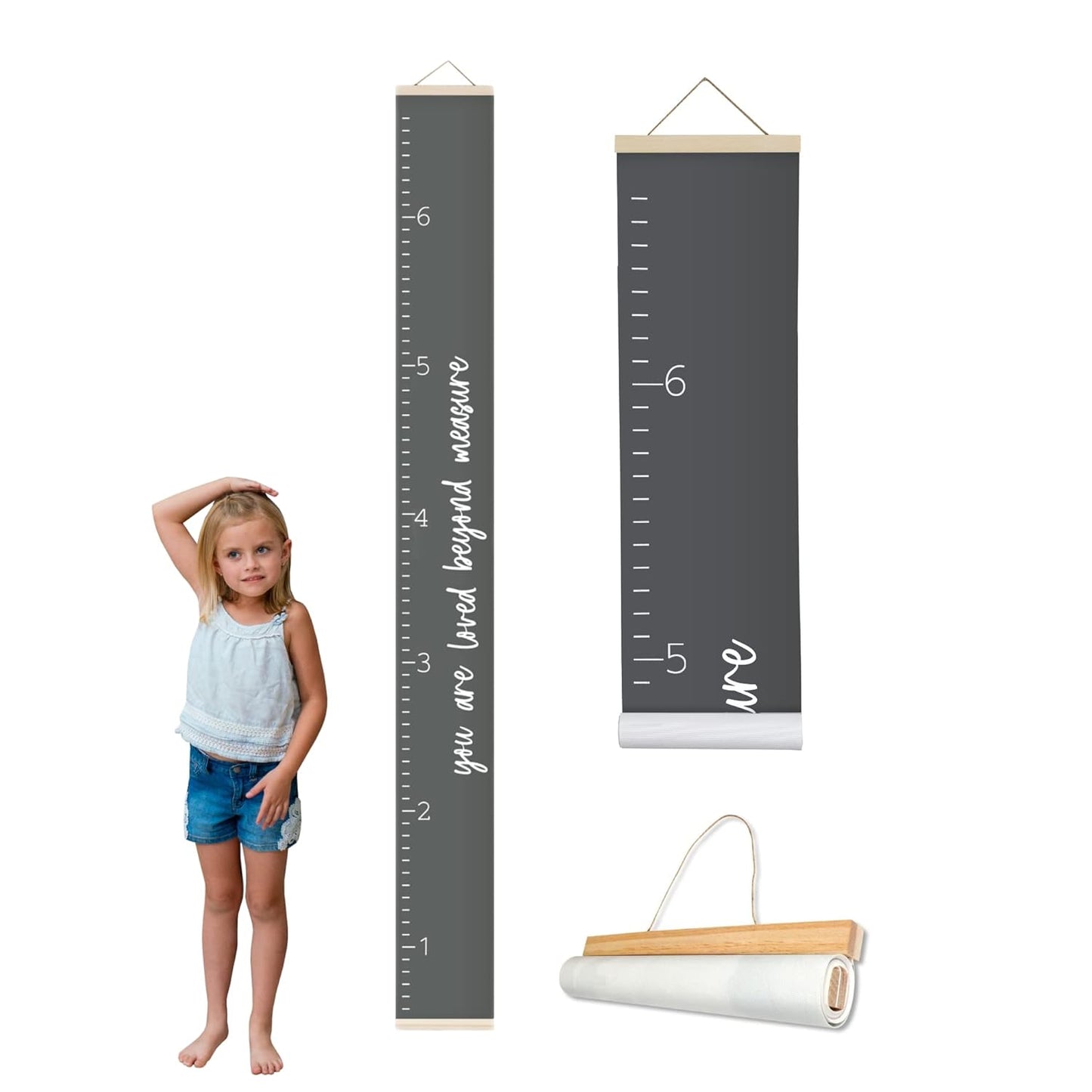 Morxy Canvas Growth Chart for Kids - Unisex Kids Room Wall Decor - Measuring Height Chart- Wall Tape with Height Chart for Kids (Canvas, Loved Beyond Measure Dark Gray)