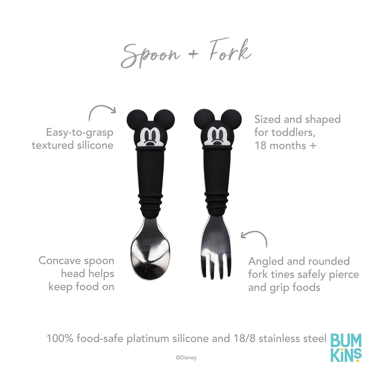 Bumkins Disney Toddler Utensils, Kids Size Fork and Spoon Set, Silicone and Stainless-Steel Training Silverware, Fork / Spork for Self-Feeding, Children Learning to Eat, 18 Mos Up, Mickey Mouse