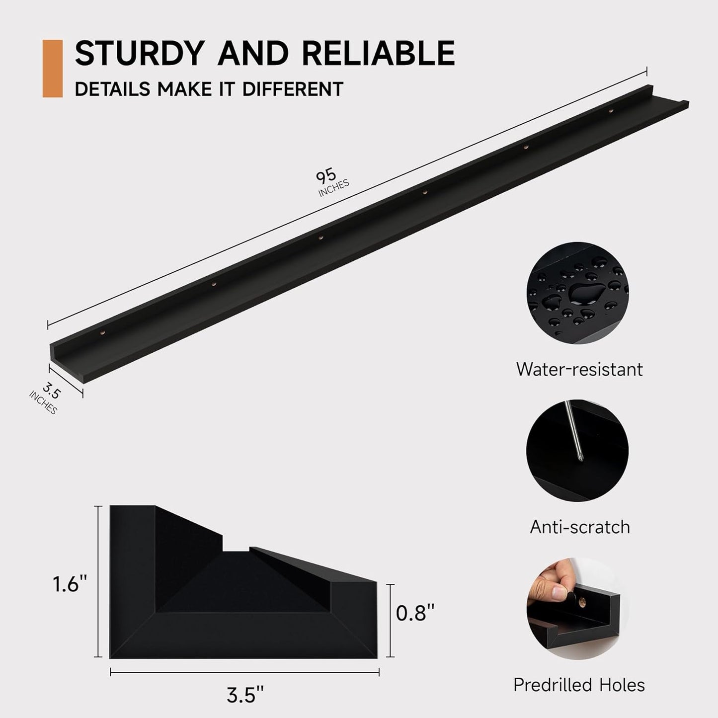 Floating Picture Ledge Shelves for Wall Set of 2, 95 Inches Picture Ledge Shelf with Long Large Nursery Book Shelf for Toys Storage Kids Bookshelf Wall Mounted Living Room Bedroom Decor Frames, Black