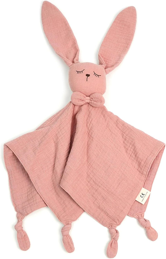 Easter Basket Stuffers, Organic Cotton Muslin Bunny Loveys for Babies Baby Security Blanket Baby Snuggle Toy Newborn Essentials Must Haves(Rabbit-Pink)