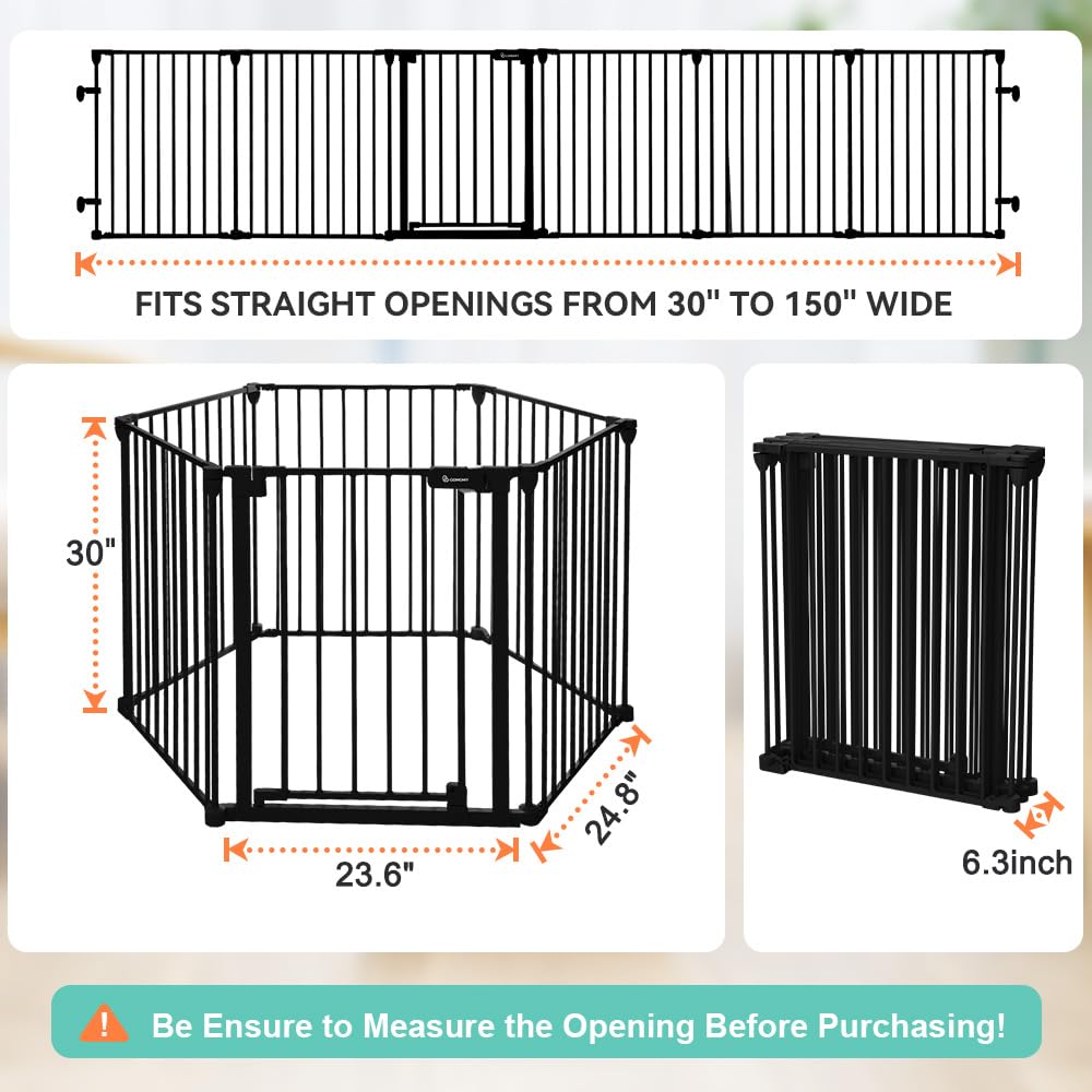 COMOMY 150" Extra Wide Baby Gate with Door, Dog Gates for The House Doorways Fireplace, Auto Close Baby Fence Play Area, Walk Through Pet Gate, Hardware Mounted Baby Gate, 6-Panels (30" Tall, Black)