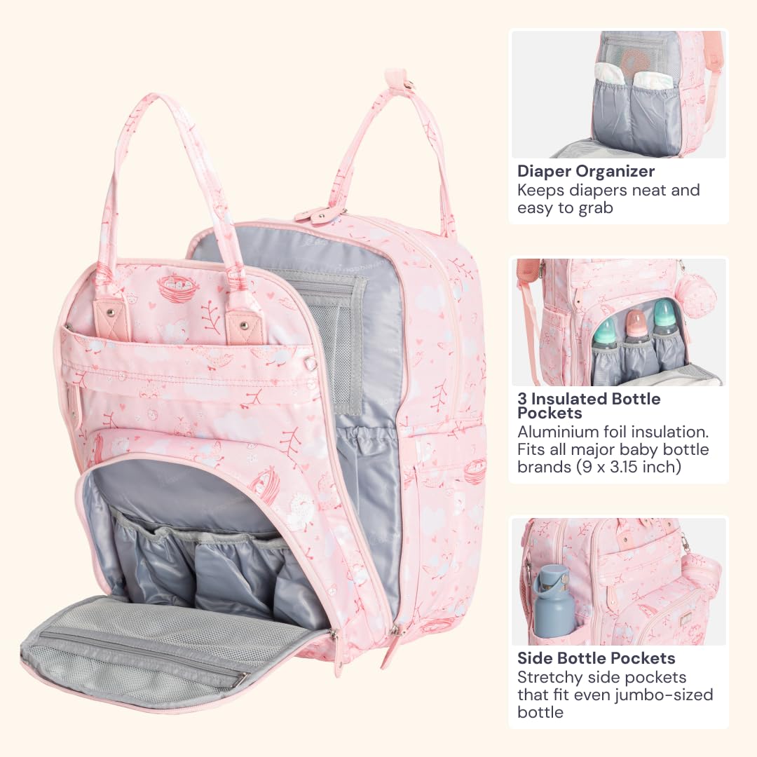 BabbleRoo Diaper Bag Backpack - Baby Essentials, Travel Essentials Baby Bag with Changing Pad, Stroller Straps & Pacifier Case - Unisex, Pink Birdy