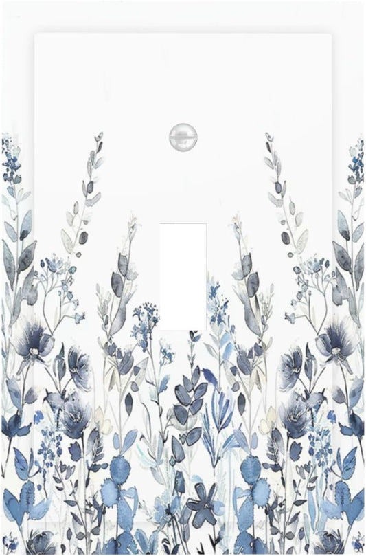 Decorative Light Switch Cover Light Blue Watercolor Leaves Plant With Floral 1 Gang Single Toggle Device Electrical Faceplate Switchplates Decorator Outlet Wall Plate for Bedroom Bathroom