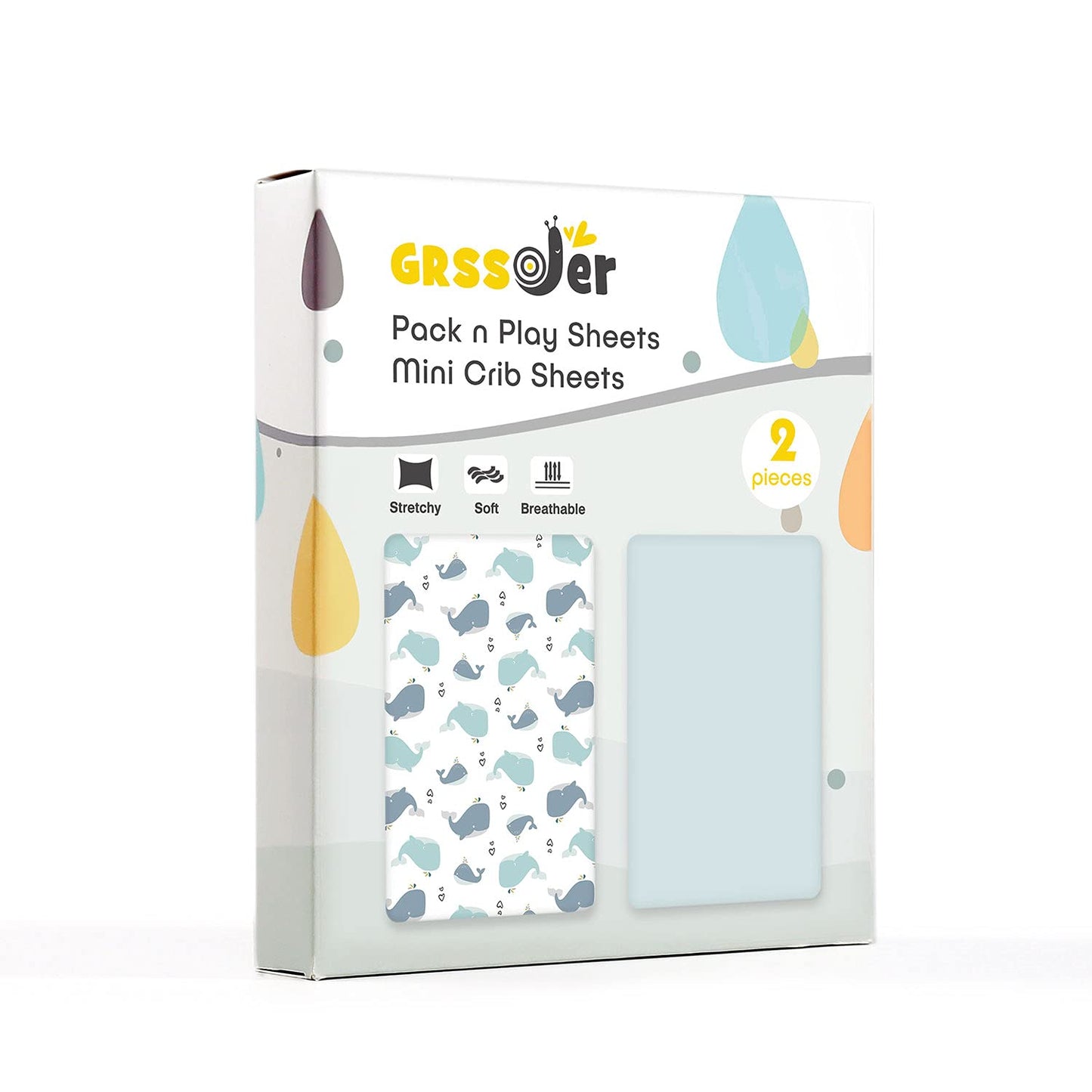 GRSSDER Stretchy Ultra Soft Jersey Knit Fitted Pack n Play Sheets Set 2 Pack, Portable/Mini Cribs Playards Sheets, Universal Fitted Pack and Play Mattress Sheets, Lovely Whale for Girls and Boys