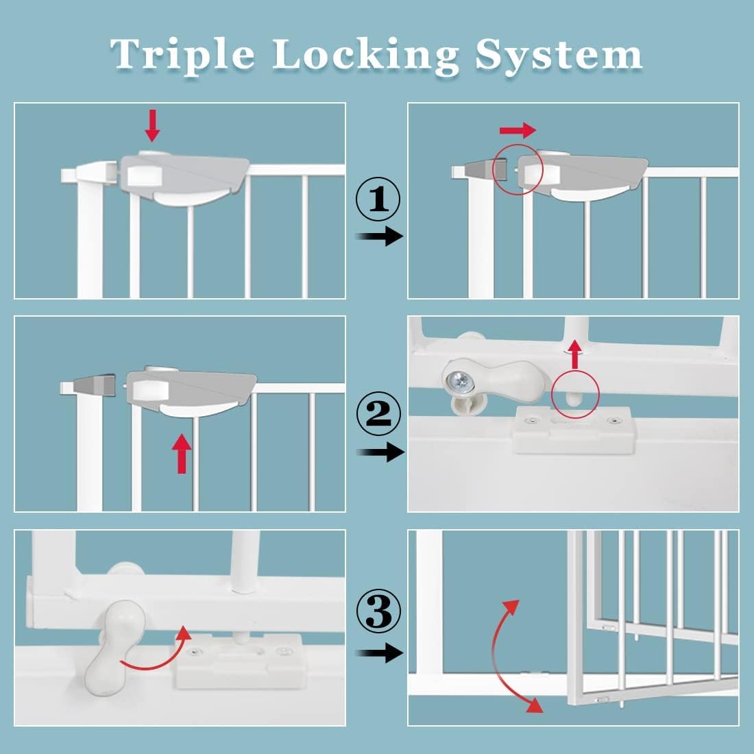 WAOWAO Triple Lock 49.21-66.54" Baby Gate Extra Wide Pressure Mounted Walk Through Swing Auto Close Safety White Metal Dog Pet Puppy for Stairs,Doorways,Kitchen