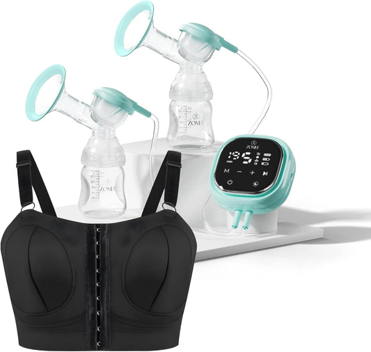 Zomee Z2 Double Electric Breast Pump - Shabbat Mode Edition - Portable, Hands Free Pumping Hospital Grade Wearable Breast Pump Including; Black Bamboo Pumping Bra (Medium)