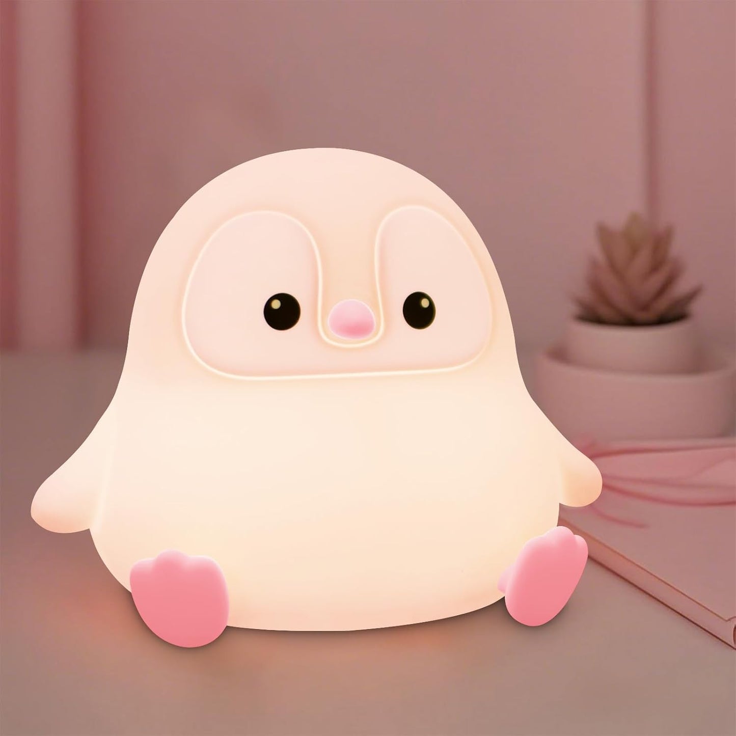Penguin Night Light for Kids,Cute Pink Penguin Touch Lamp,Soft Silicone Nursery Nightlight,LED Squishy Novelty Animal Bedside Lamp,Rechargeable/Dimmable/Timer Desk Lamp,Kids Room Decor