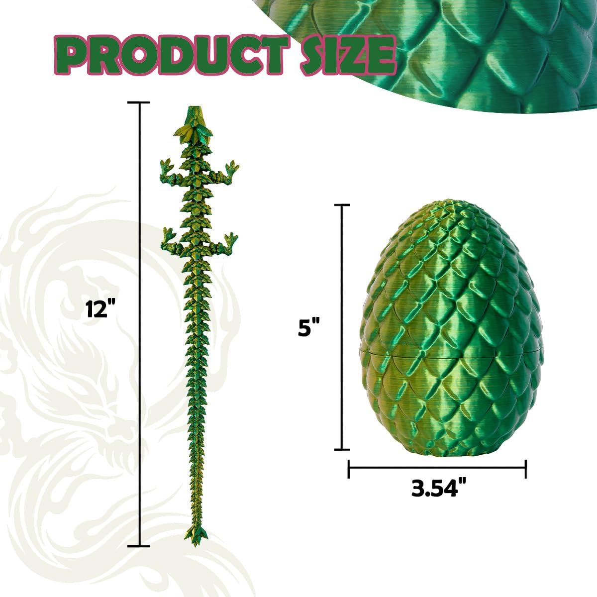 3D Printed Dragon Eggs with Dragon Inside, 12In Laser Gold Green Dragon Egg Fidget Toy, Executive Desk Articulated Dragon Toy, Home Office Decor