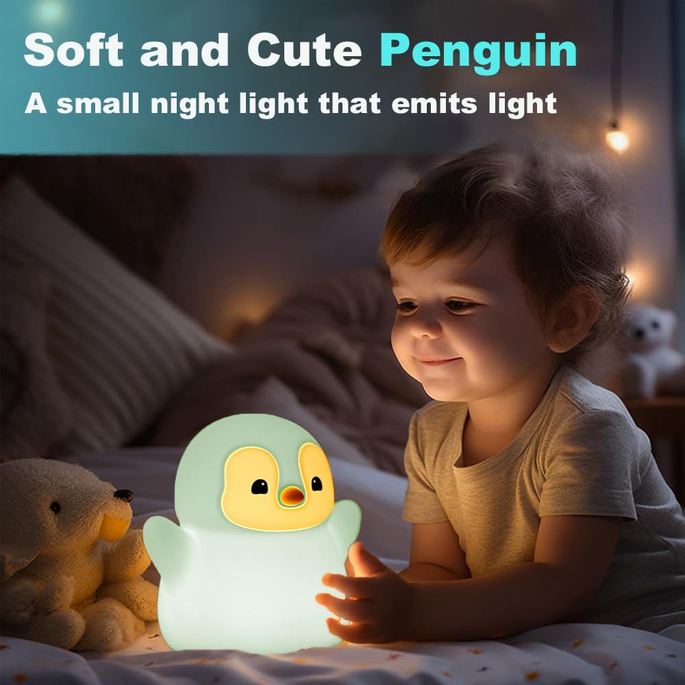 Cute Penguin Night Light for Kids Bedroom, Animal Silicone Nursery Night Lamp Touch Control Nightlights USB Rechargeable Bedside Lamp for Baby Children Toddlers Girls Gift