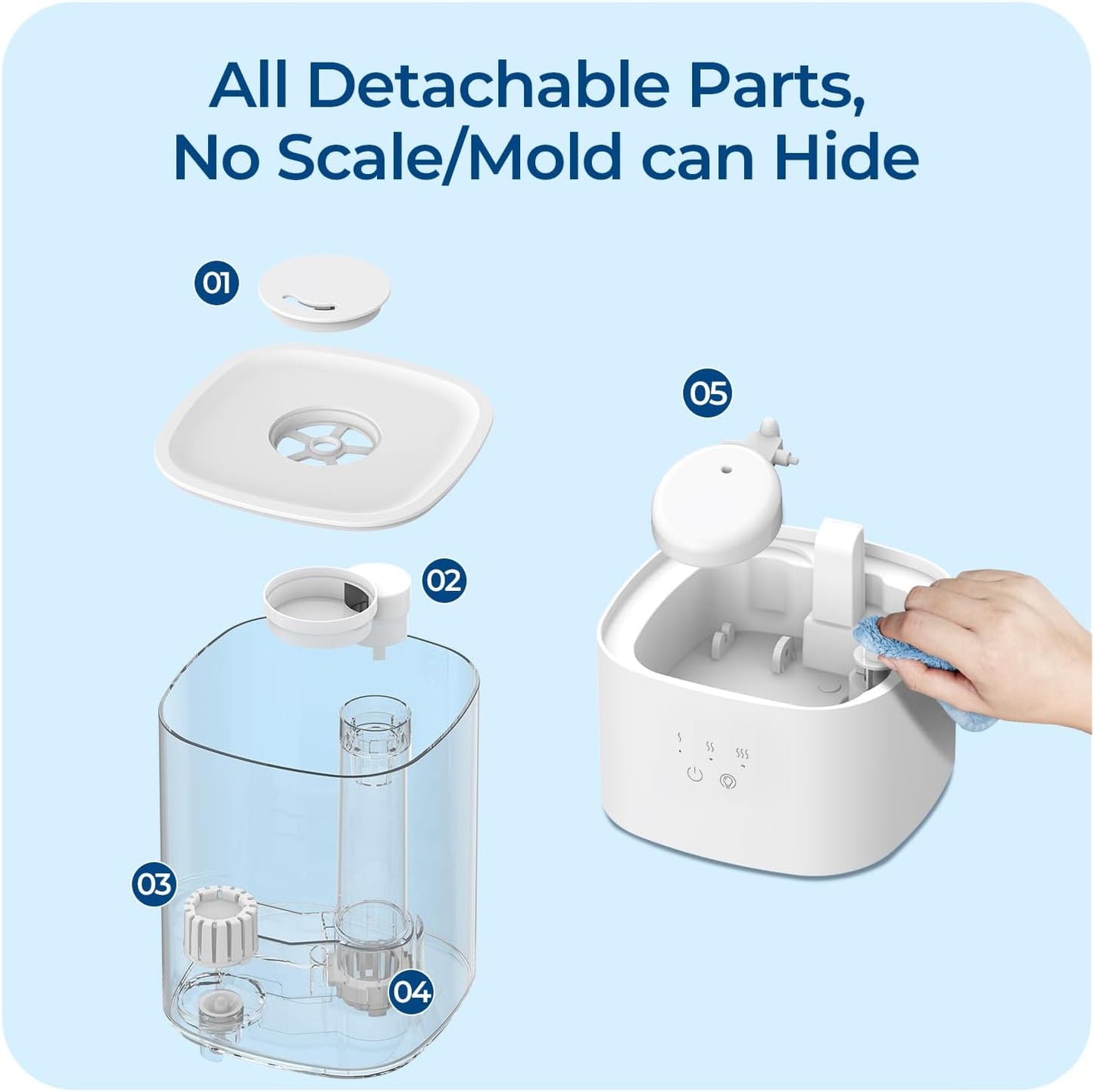 Humidifiers for Bedroom, Top Fill 2.5L Cool Mist Humidifiers for Large Room, Easy to Fill & Clean, 30H Runtime, 28dB Quiet Air Humidifier for Plants, Baby Nursery, Indoor with Night Light