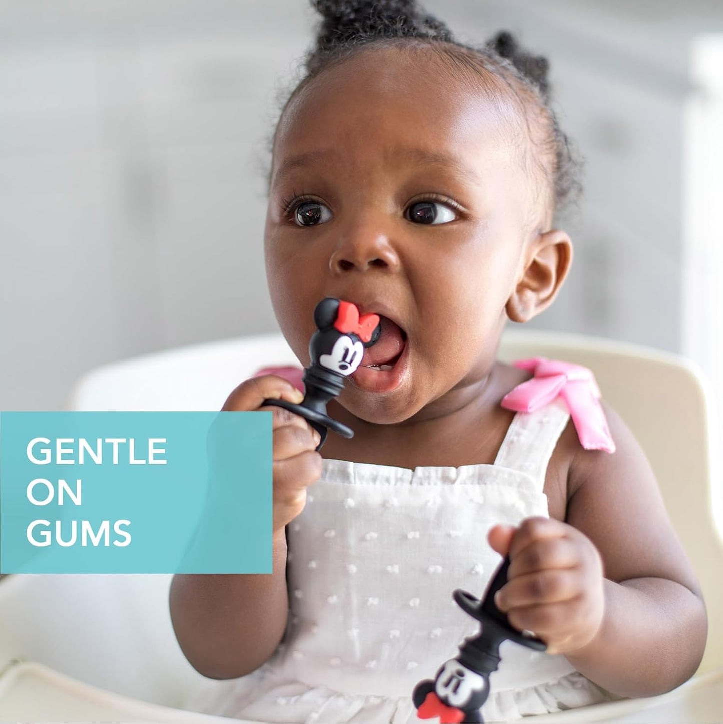 Bumkins Disney Baby Utensils Set, Chewtensils Silicone Spoons for Dipping, Self-Feeding, Baby Led Weaning, Trainer Learning, First Stage Eating, Soft Fork and Spoon, Babies 6 Months, Minnie Mouse