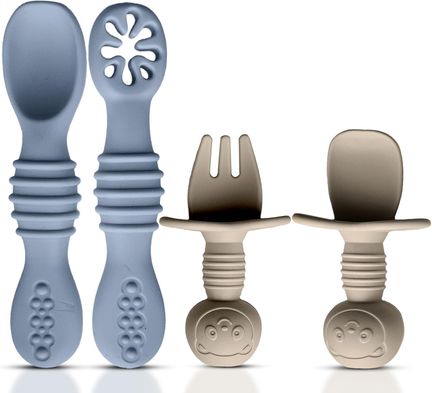 4pc Silicone Baby Spoons Self Feeding Baby Utensils 6-12 Months - 3 Baby Spoon - 1 Baby Fork - Toddler Cutlery Set - BPA Free, Dishwasher Safe - Baby Eating Essentials (Gray/Beige)