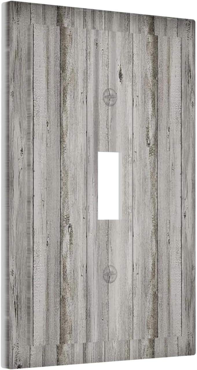 Decorative Light Switch Cover Farmhouse Rustic Grey Barn Door Wood 1 Gang Single Toggle Device Electrical Faceplate Switchplates Decorator Outlet Wall Plate for Bedroom Cabin Decor